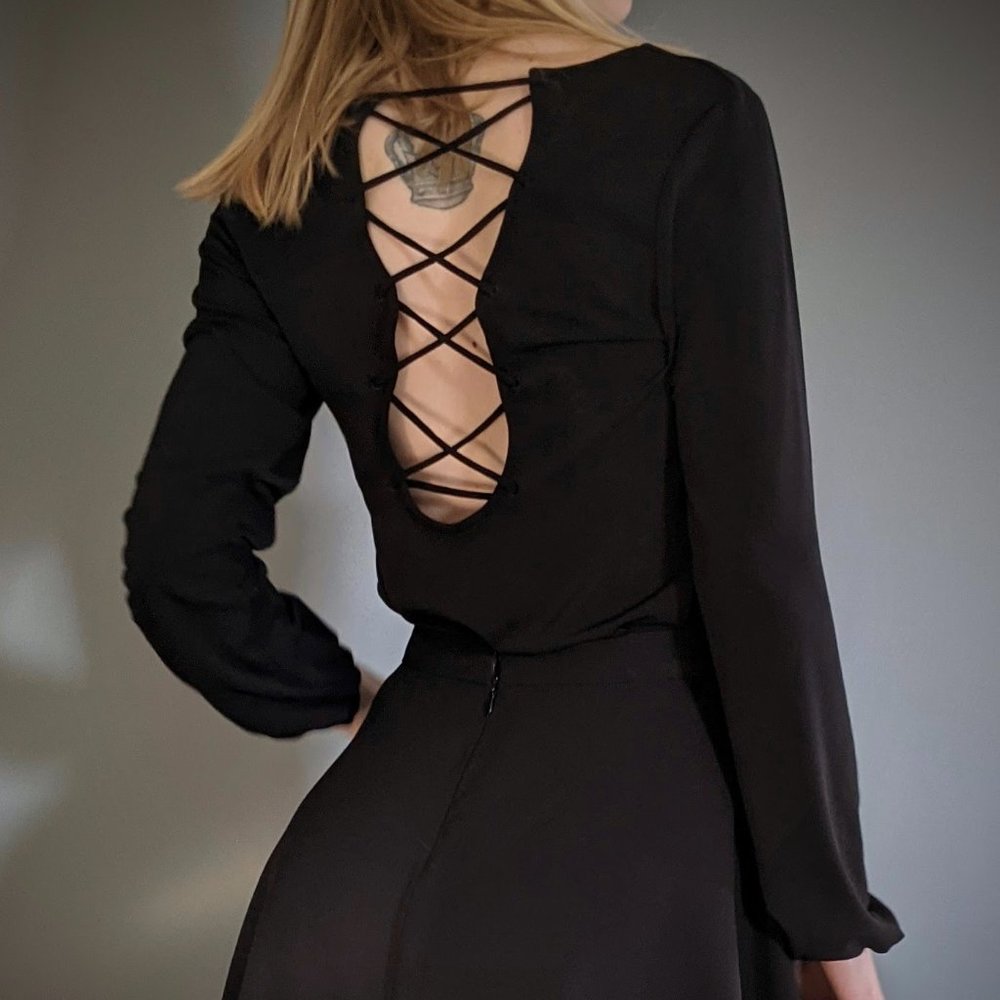 Lace-Up Black Blouse- Size S